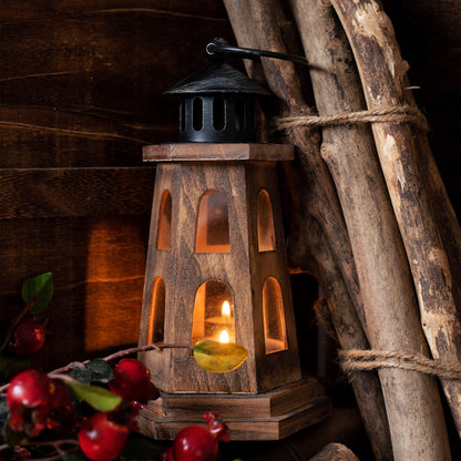 Handmade Lantern Style  Wooden Lighthouse Candle Holder w handle - Tartarian Treasures & Trinkets
