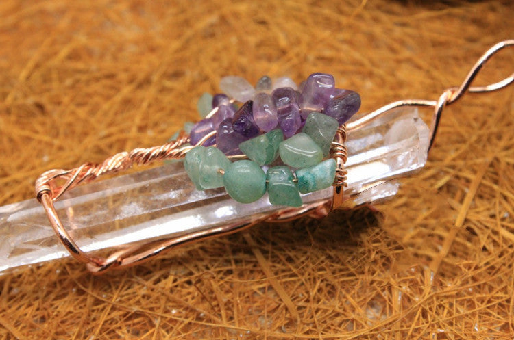 Clear Quartz Crystal Copper Wrapped Pendant Rough Stone Pendant -w Amethyst & Green flourite  or multi gemstones - Tartarian Treasures & Trinkets