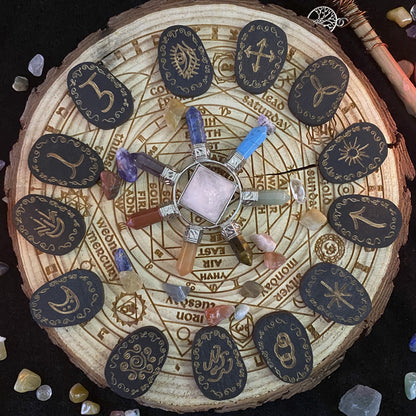 Wooden Carved Druid Rune Set w black Velvet bag and instruction book Alchemy, metaphysical, spiritual - Tartarian Treasures & Trinkets