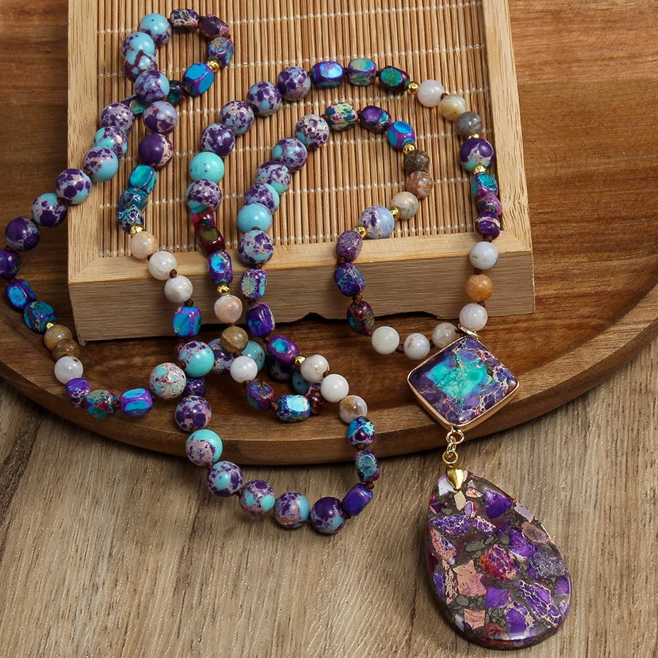 Natural Stone Knotted Necklace Diamond Drop Pendant Necklace - Tartarian Treasures & Trinkets