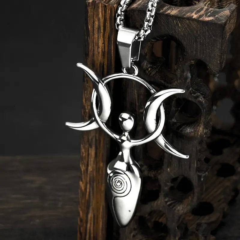 Talisman Magic Shiny Silver Pendant Stainless Steel Alloy Necklace Viking Magic Pagan Goddess - Tartarian Treasures & Trinkets
