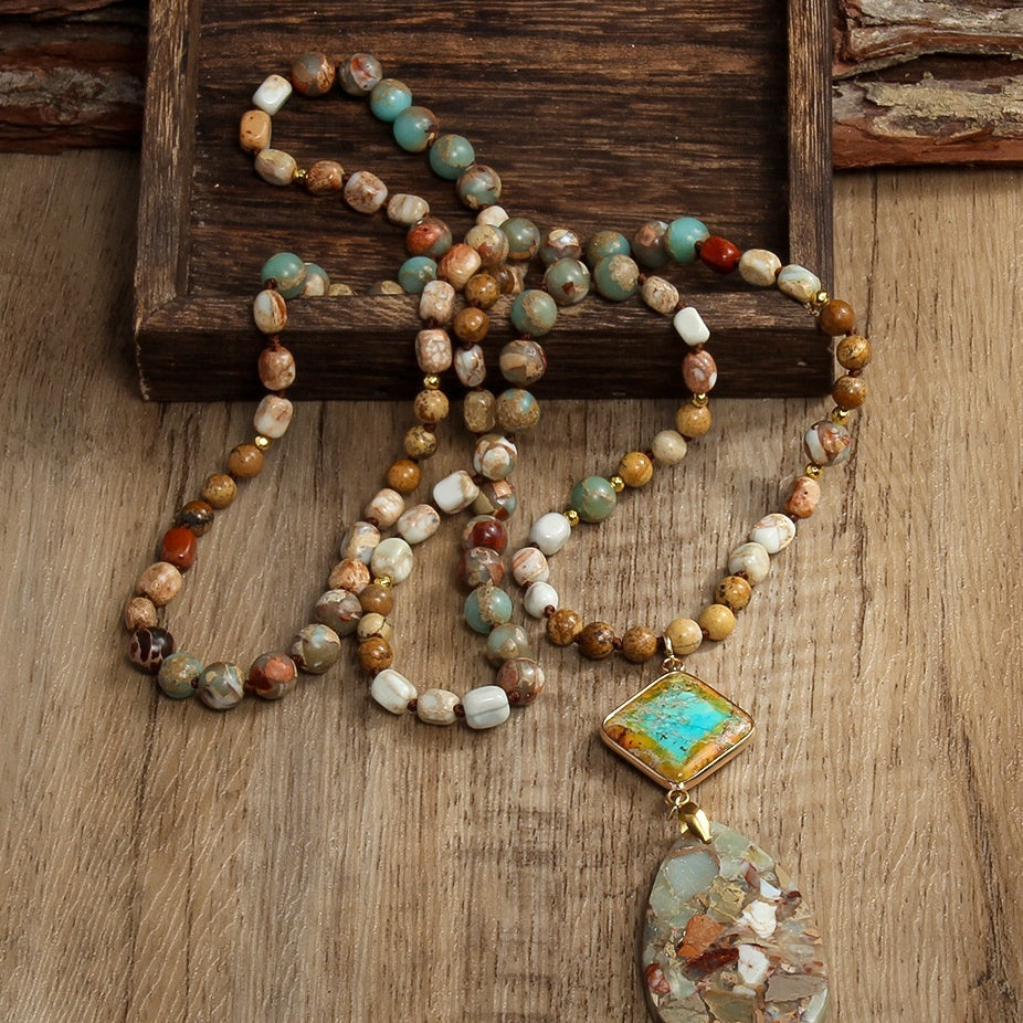 Natural Stone Knotted Necklace Diamond Drop Pendant Necklace - Tartarian Treasures & Trinkets