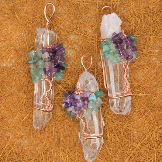 Clear Quartz Crystal Copper Wrapped Pendant Rough Stone Pendant -w Amethyst & Green flourite  or multi gemstones - Tartarian Treasures & Trinkets