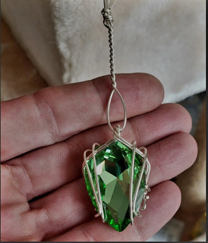 VERES™ Big Sparkle Peridot Green  DROP Dangle Drop Silver Lithuanian Crystal Pendant w 22 inch silvery chain-Large 30x22mm - Tartarian Treasures & Trinkets