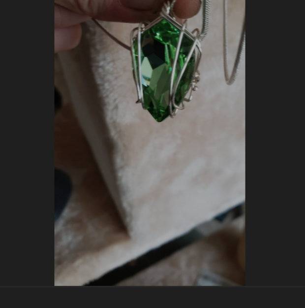 VERES™ Big Sparkle Peridot Green  DROP Dangle Drop Silver Lithuanian Crystal Pendant w 22 inch silvery chain-Large 30x22mm - Tartarian Treasures & Trinkets