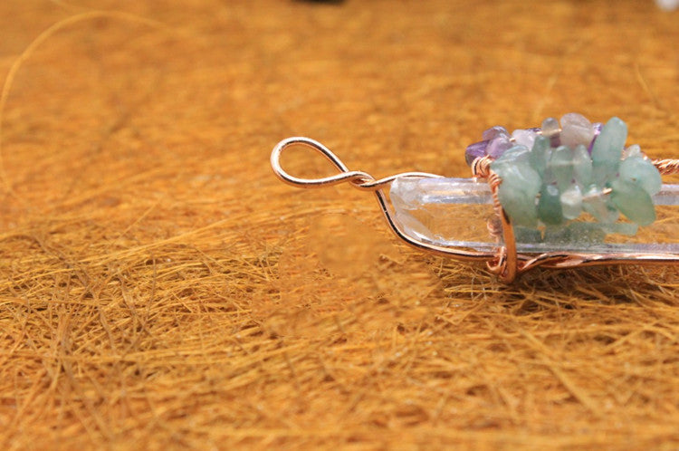 Clear Quartz Crystal Copper Wrapped Pendant Rough Stone Pendant -w Amethyst & Green flourite  or multi gemstones - Tartarian Treasures & Trinkets