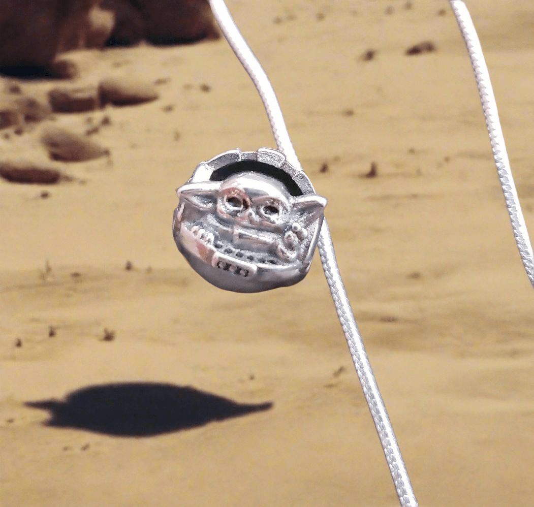 Star wars, r2d2, 925 solid  silver detailed baby yoda, in carriage,  925  sterling silver charm pendant, comes w 925 sterling silver snake chain 