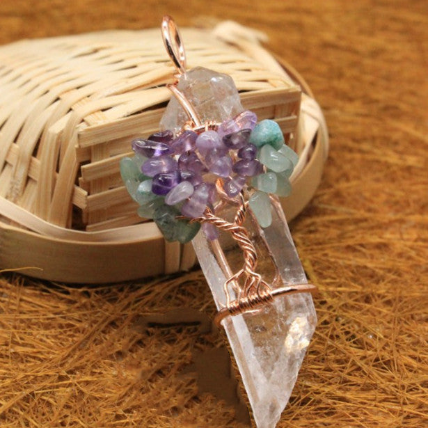 Clear Quartz Crystal Copper Wrapped Pendant Rough Stone Pendant -w Amethyst & Green flourite  or multi gemstones - Tartarian Treasures & Trinkets