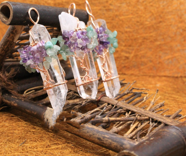 Clear Quartz Crystal Copper Wrapped Pendant Rough Stone Pendant -w Amethyst & Green flourite  or multi gemstones - Tartarian Treasures & Trinkets