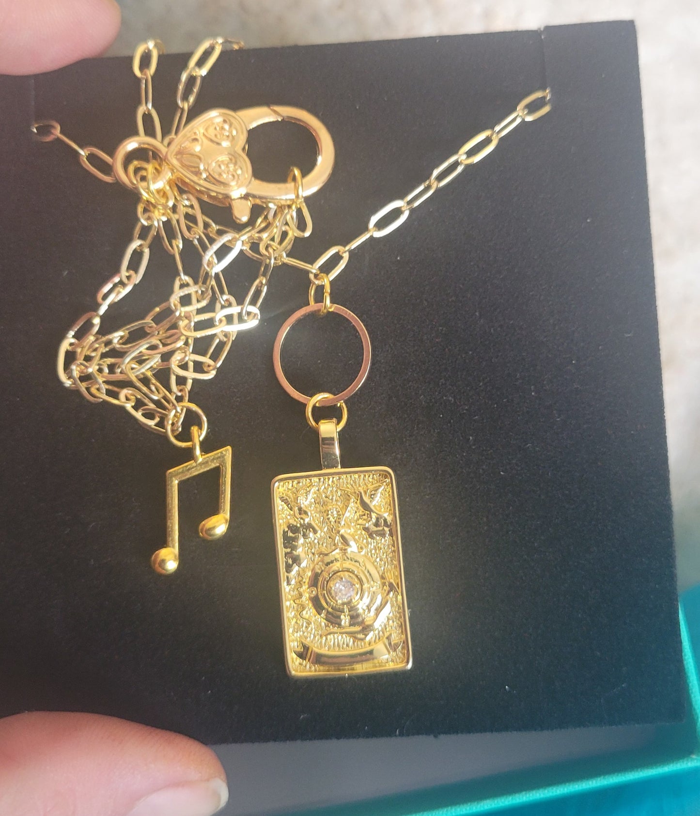 "THE WORLD" Fancy  Handmade Tarot Necklace  by Ui'Cathain Celtic Designs - With Music note Charm- Adjustable  Golden - Tartarian Treasures & Trinkets