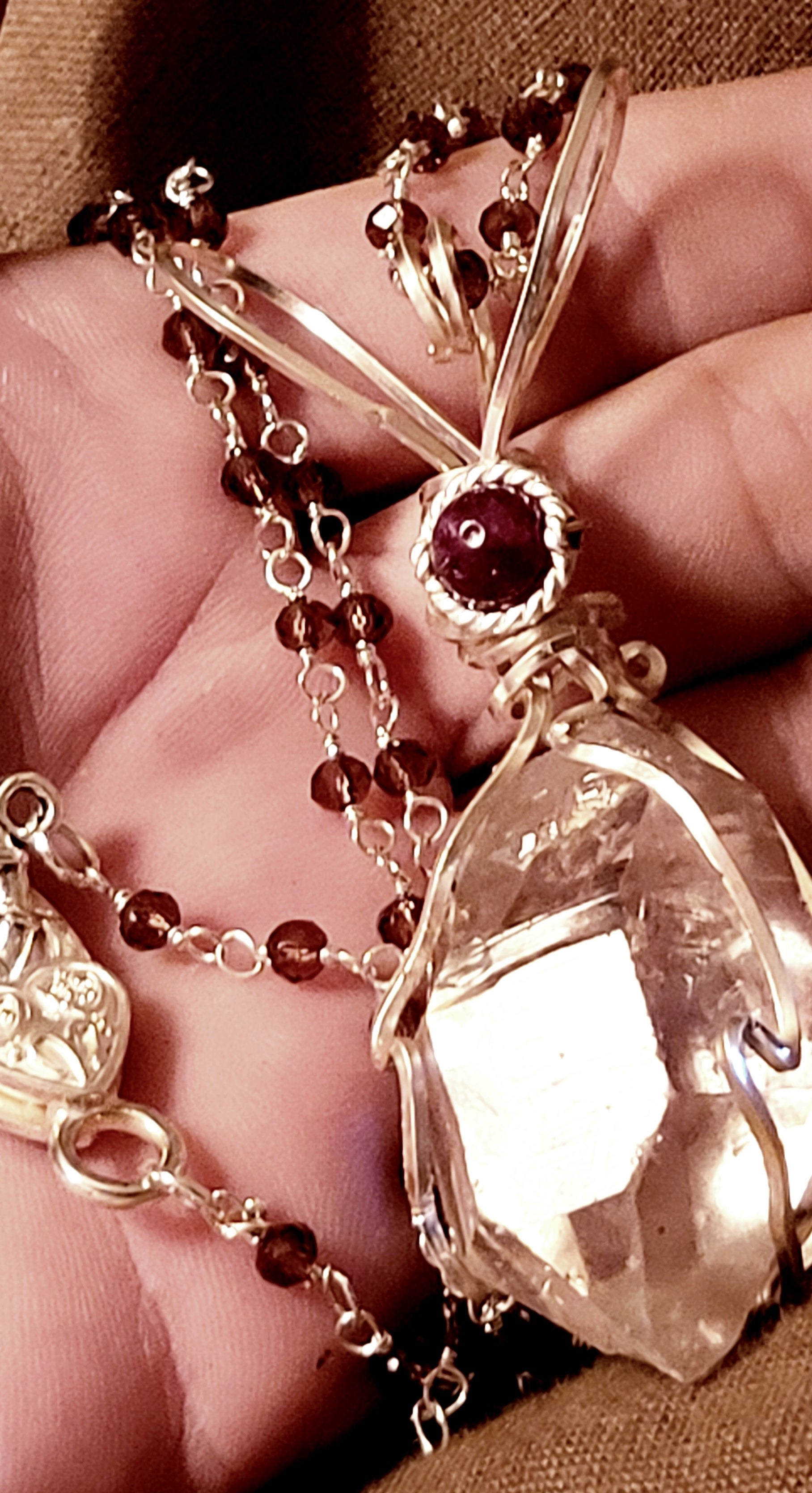 AAA 18.8g Clear Herkimer Diamond Pendant & Red Garnet Beaded Gemstone  24 inch Chain Necklace Handmade  Elegant  Delicate - Tartarian Treasures & Trinkets