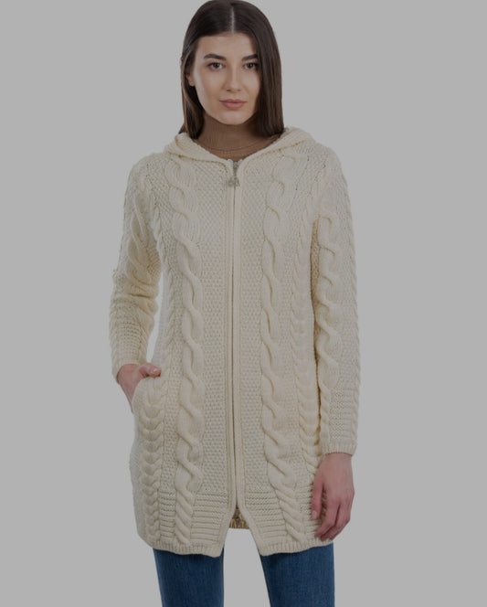 Long Warm 100%  Merino Wool Hooded Zip Cardigan w pockets - women viking celtic clothing