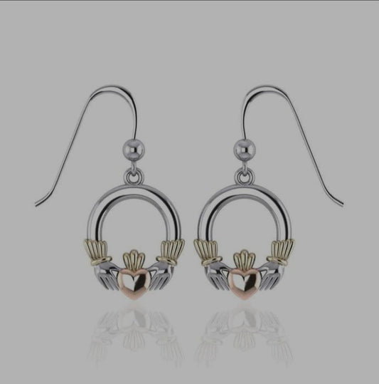 14k Rose Gold & Gold s925 Silver Tri Tone Irish Claddagh Dangle Earrings