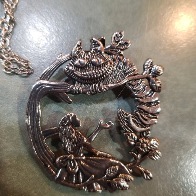 Unique Alice In Wonderland Detailed Antique Silver Cheshire Cat Pendant Medallion w 22 inch Black Waxed Cord Excellent Gift movie - Tartarian Treasures & Trinkets