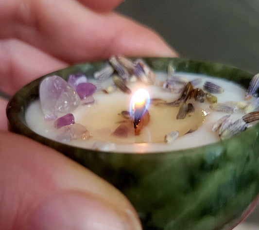 Solid Natural Stone Jade Bowl Spell Candles  Beeswax Handmade - w Oils, Gemstones,Herbs x Infused 963hz 3-4 hr burn - Tartarian Treasures & Trinkets
