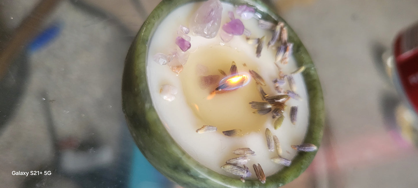 Solid Natural Stone Jade Bowl Spell Candles  Beeswax Handmade - w Oils, Gemstones,Herbs x Infused 963hz 3-4 hr burn - Tartarian Treasures & Trinkets