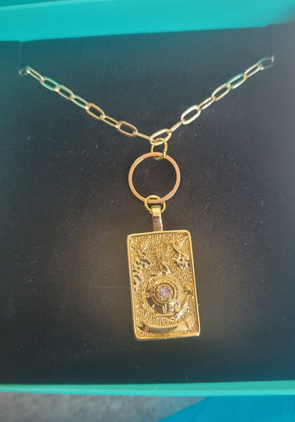 "THE WORLD" Fancy  Handmade Tarot Necklace  by Ui'Cathain Celtic Designs - With Music note Charm- Adjustable  Golden - Tartarian Treasures & Trinkets