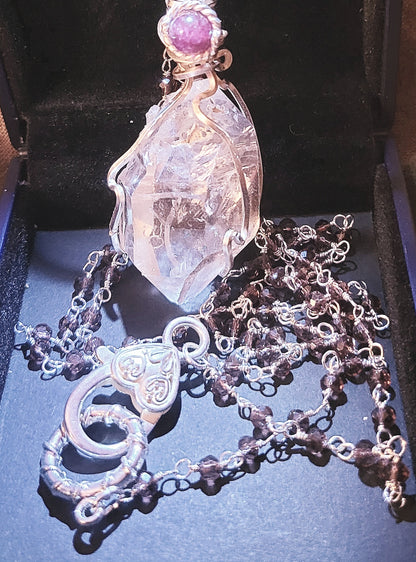 AAA 18.8g Clear Herkimer Diamond Pendant & Red Garnet Beaded Gemstone  24 inch Chain Necklace Handmade  Elegant  Delicate - Tartarian Treasures & Trinkets