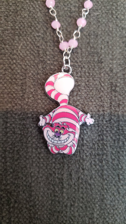 Handmade "Alice In Wonderland" CHESHIRE CAT |White Rabbit| Alice Colored Enamel Charm Necklace w Rose Quartz Chain-VERES - Tartarian Treasures & Trinkets